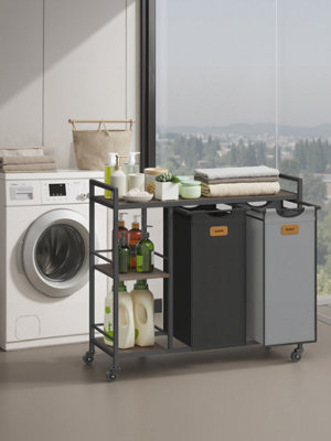 LAUNDRY SORTER WITH 2 COMPARTMENTS, 100 L LAUNDRY CART WITH SHELVES ...