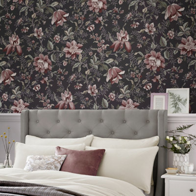 Laura Ashley Edita Garden Charcoal Grey Floral Wallpaper DIY at B&Q