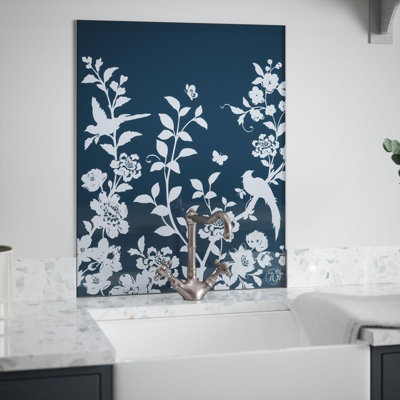 Laura Ashley Oriental Garden Midnight Seaspray Special Edition Glass Kitchen Self Adhesive Splashback 900 x 750mm