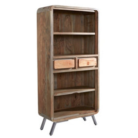 Lava Wood & Metal 3 Shelves And 2 Drawers Large Wide Bookcase In Natural Finish