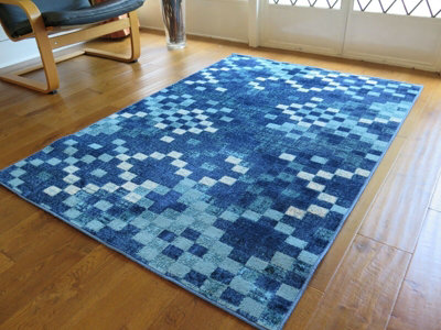 LAVENDER FRACTALS Vintage Geometric Check Pattern Rug (Blue/Teal/Cream),120x170cm