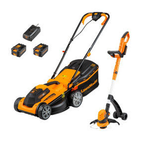 LawnMaster 24V 34cm Cordless Lawn Mower and 25cm Grass Trimmer Twin pack with spare battery