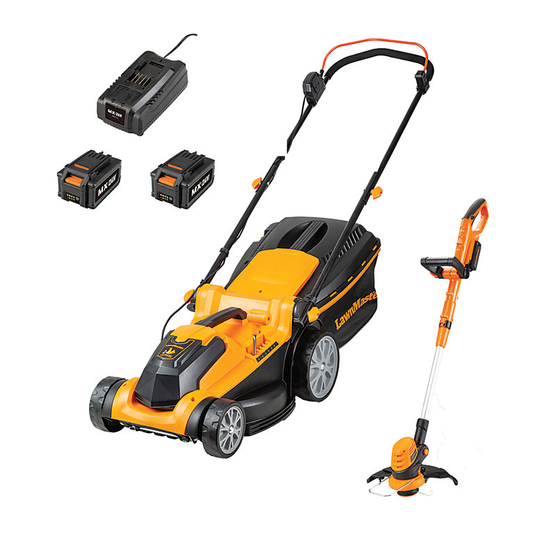 LawnMaster 24V 37cm Cordless Lawn Mower & 25cm Grass Trimmer Twin Pack with  Spare Battery - 2 Year Guarantee | DIY at B&Q