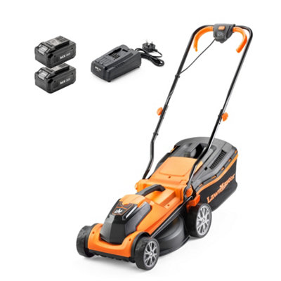 LawnMaster MX 24V 34cm Cordless Lawnmower with Rear Roller and Spare Battery - Battery Lawnmower, Orange, 2 Year Guarantee