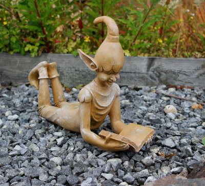 Laying Elf Reading Garden Ornament