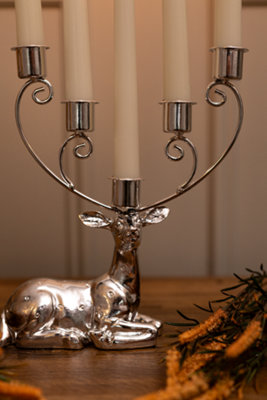 Laying Stag Silver Taper Candle Holder