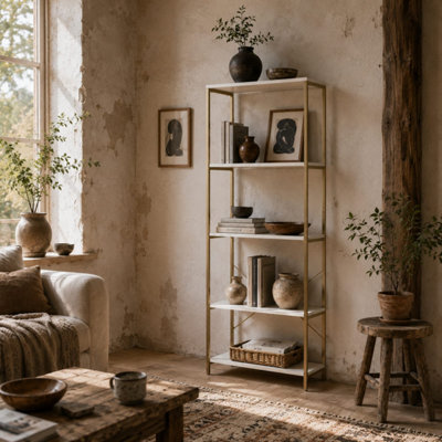 Lazila Kema 5-Tier White and Gold-Tone Modern Bookcase 79W x 35D x 161H cm