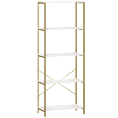 Lazila Kema 5-Tier White and Gold-Tone Modern Bookcase 79W x 35D x 161H cm