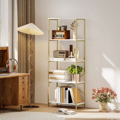 Lazila Kema 5-Tier White and Gold-Tone Modern Bookcase 79W x 35D x 161H cm