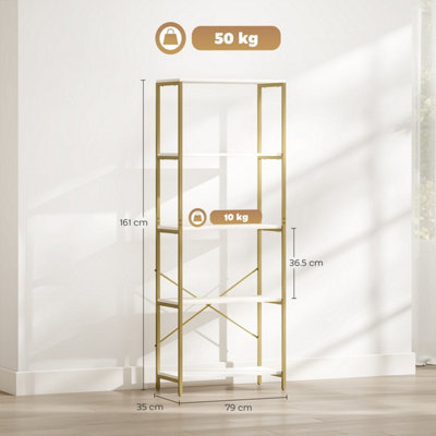 Lazila Kema 5-Tier White and Gold-Tone Modern Bookcase 79W x 35D x 161H cm