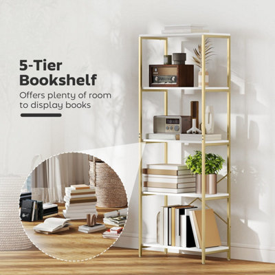 Lazila Kema 5-Tier White and Gold-Tone Modern Bookcase 79W x 35D x 161H cm
