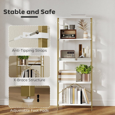 Lazila Kema 5-Tier White and Gold-Tone Modern Bookcase 79W x 35D x 161H cm