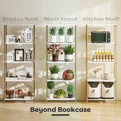 Lazila Kema 5-Tier White and Gold-Tone Modern Bookcase 79W x 35D x 161H cm