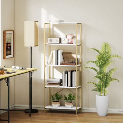 Lazila Kema 5-Tier White and Gold-Tone Modern Bookcase 79W x 35D x 161H cm