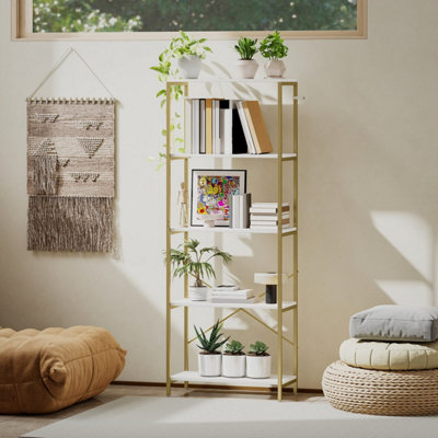 Lazila Kema 5-Tier White and Gold-Tone Modern Bookcase 79W x 35D x 161H cm