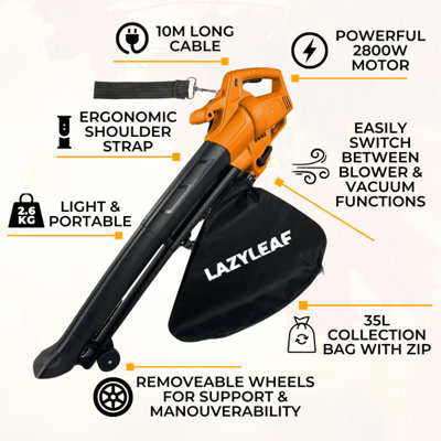 Lazy-Leaf Electric Garden Leaf Blower / Vacuum / Shredder - 2800W - Lightweight - 2.6kg - 10m Cable - 35L Zipped Bag