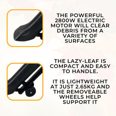 Lazy-Leaf Electric Garden Leaf Blower / Vacuum / Shredder - 2800W - Lightweight - 2.6kg - 10m Cable - 35L Zipped Bag - 3