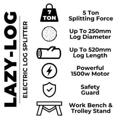 Lazy-Log Electric Log Splitter With Stand - 5 Ton 520mm Log - Heavy Duty Hydraulic Wood Splitter