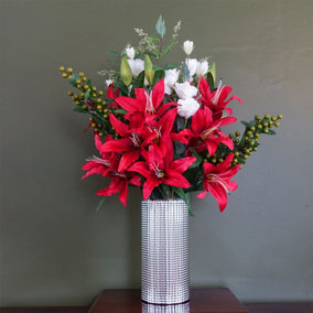 Leaf 80cm Artificial Red Lily Arrangement Silver Glass Vase