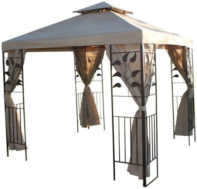 Leaf Design 2.5M Square Garden Gazebo-Beige Cover & 4 Polyester Curtains With Steel Frame