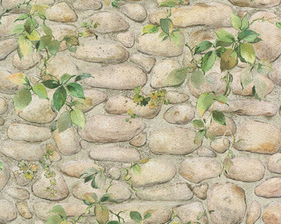 Leaf Floral Brick Effect Wallpaper Stone Slate Textured Embossed White Beige