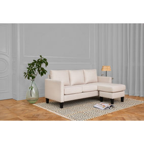 Leah 3 Seater Fabric Sofa L-Shaped Chaise Left Or Right Hand Corner With Black Legs, Cream