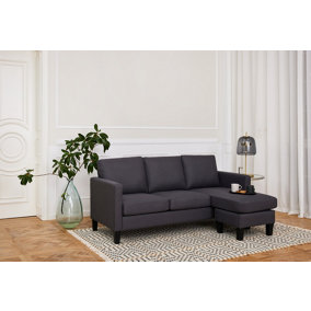 Leah 3 Seater Fabric Sofa L-Shaped Chaise Left Or Right Hand Corner With Black Legs, Grey