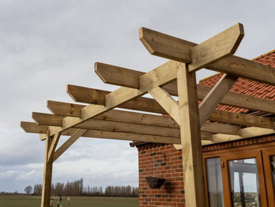 Lean to wooden garden pergola kit - Chamfered design wall mounted gazebo, 1.8m x 1.8m (Rustic brown finish)
