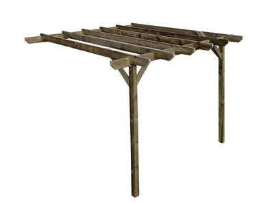 Lean to wooden garden pergola kit - Chamfered design wall mounted gazebo, 1.8m x 2.4m (Rustic brown finish)
