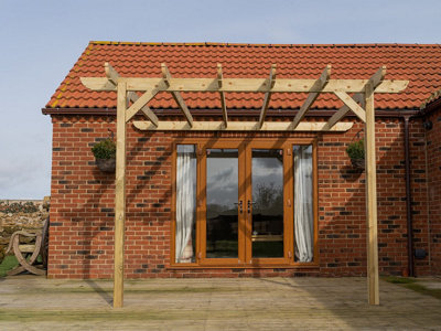 Lean to wooden garden pergola kit - Corbel design wall mounted gazebo, 1.8m x 2.4m (Rustic brown finish)