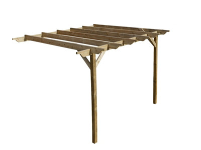 Lean to wooden garden pergola kit - Sculpted design wall mounted gazebo, 2.4m x 3.6m (Natural finish)