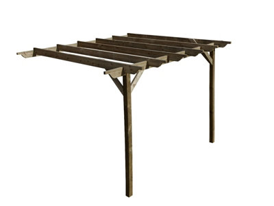 Lean to wooden garden pergola kit - Sculpted design wall mounted gazebo, 3m x 3.6m (Rustic brown finish)
