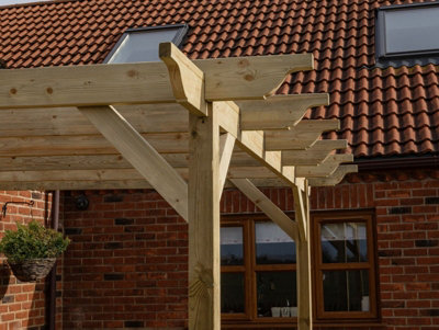 Lean to wooden garden pergola kit - Sculpted design wall mounted gazebo, 3m x 4.2m (Rustic brown finish)