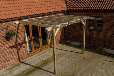 Lean to wooden garden pergola kit - Sculpted design wall mounted gazebo, 3m x 4.2m (Rustic brown finish)