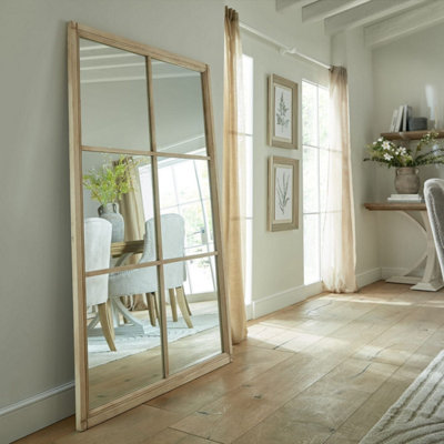 Leaning Rustic Windowpane Wall Mirror Large Rectangular Natural Wood ...