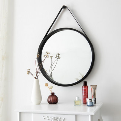 Leather Strap Wooden Wall Mirror/Round Hanging Mirror ( Black , 50 dia