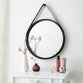 Leather Strap Wooden Wall Mirror/Round Hanging Mirror ( Black , 50 dia )