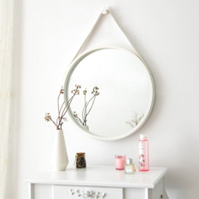 Leather Strap Wooden Wall Mirror/Round Hanging Mirror ( White , 50 dia )