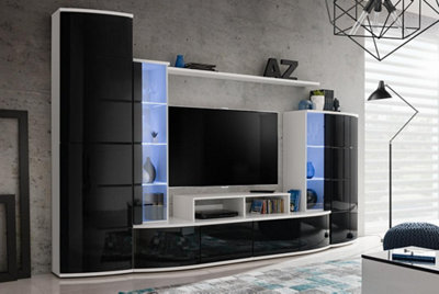 Leave Entertainment Unit: Sleek Black Gloss & White Matt TV Stand with LED - W2000mm x H1900mm x D500mm