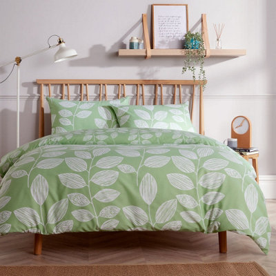 Leaves Printed Duvet Set in Sage Green - Double