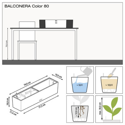 LECHUZA BALCONERA Color 80cm White Window Box, Plastic Self-watering Planter with Water Level Indicator H19 L80 W19 cm