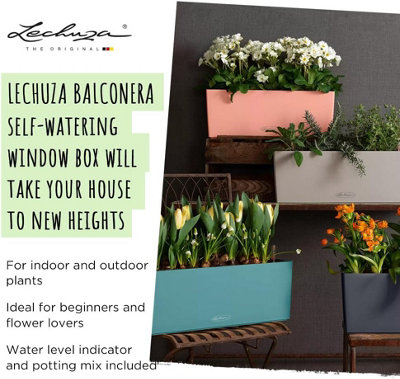 LECHUZA BALCONERA Color 80cm Window Box, Coral Red Plastic Self-watering Planter with Water Level Indicator H19 L80 W19 cm