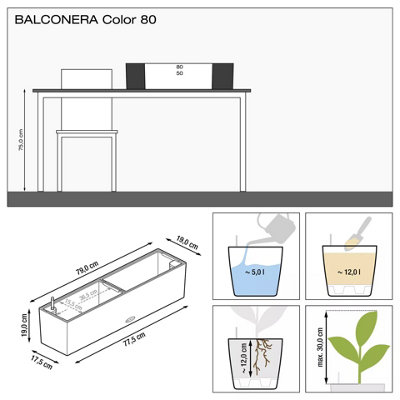 LECHUZA BALCONERA Color 80cm Window Box, Slate Grey Plastic Self-watering Planter with Water Level Indicator H19 L80 W19 cm