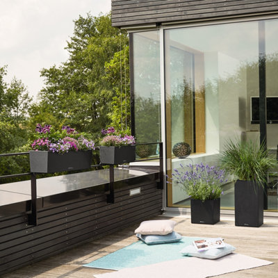 LECHUZA BALCONERA Stone 80cm Window Box, Black Plastic Self-watering Planter with Water Level Indicator H19 L79 W19 cm