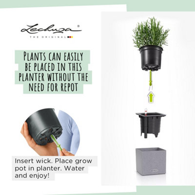 LECHUZA CANTO Stone 14 Graphite Black Table Self-watering Planter with Water Level Indicator H14 L14 W14 cm, 1.4L