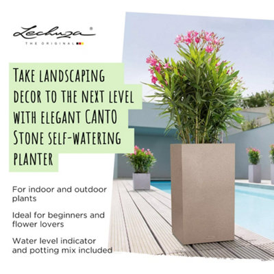 LECHUZA CANTO Stone 30 High Stone Grey Plastic Self-watering Planter with Substrate and Water Level Indicator H56 L30 W30 cm