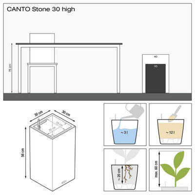 LECHUZA CANTO Stone 30 High Stone Grey Plastic Self-watering Planter with Substrate and Water Level Indicator H56 L30 W30 cm