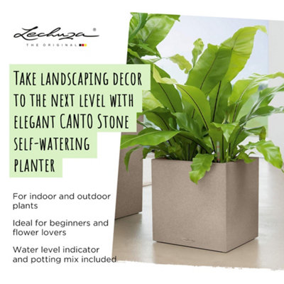 LECHUZA CANTO Stone 40 Low Stone Grey Floor Self-watering Planter with Substrate and Water Level Indicator H40 L40 W40 cm, 29L