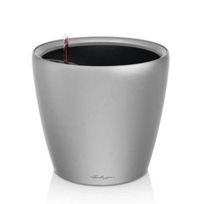 LECHUZA CLASSICO 21 LS Silver Metallic Plastic Self-watering Planter with Substrate and Water Level Indicator D21 H20 cm