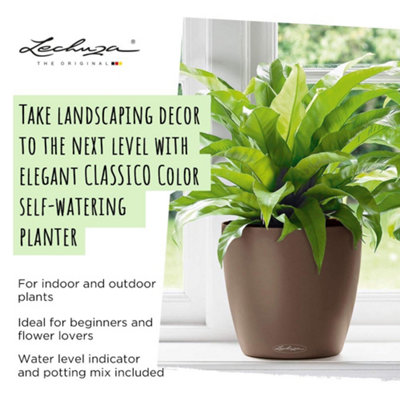 LECHUZA CLASSICO Color 21 Sand Brown Table Self-watering Planter with Substrate and Water Level Indicator D21 H20 cm, 5L